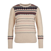 Hero image featuring the front of the Barbour Birch Knit sweater in Oatmeal with blue, red, and pink trim.
