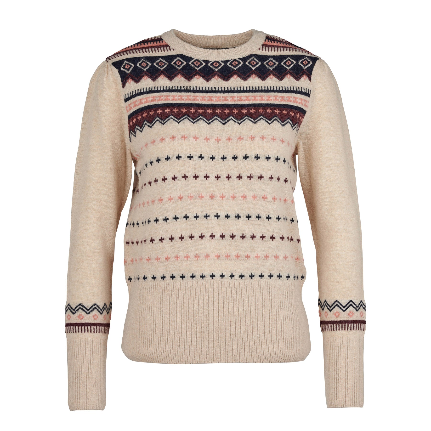 Hero image featuring the front of the Barbour Birch Knit sweater in Oatmeal with blue, red, and pink trim.