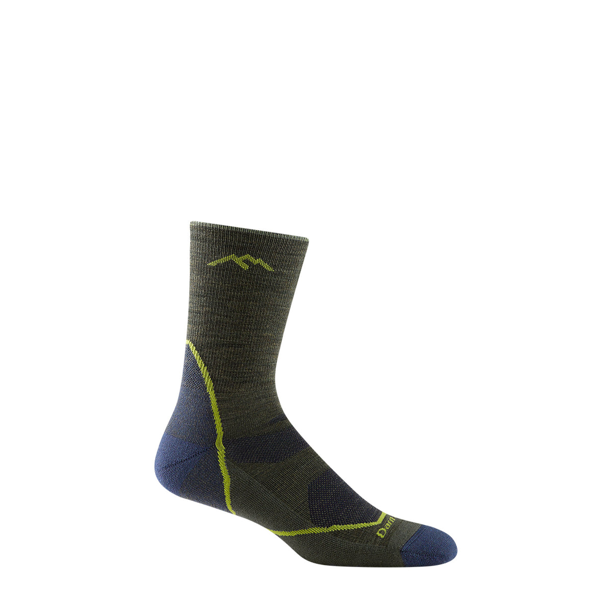 Image features the Darn Tough Light Hiker Micro Crew sock in forest green with a blue heel and toe patch.