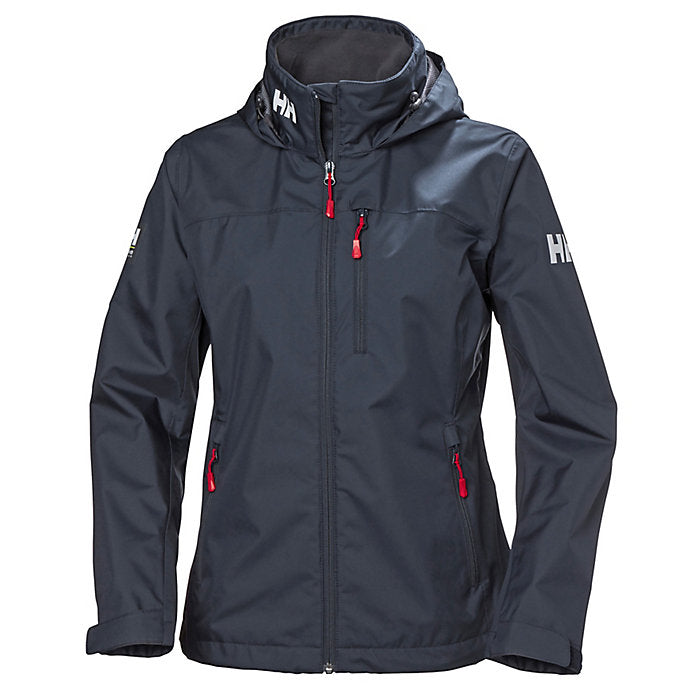 Hero image featuring the front of Helly Hansons' women's crew hooded jacket in navy blue