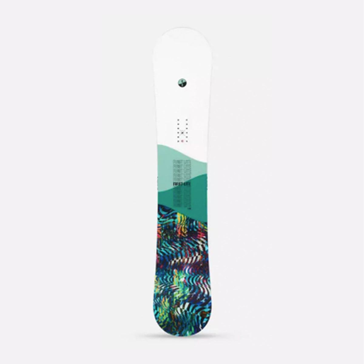 Hero image featuring the top of the Women's K2 First Lite snowboard with a white nose, green mid section, and multi-colored tale.