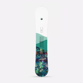 Hero image featuring the top of the Women's K2 First Lite snowboard with a white nose, green mid section, and multi-colored tale.