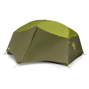 Hero image featuring the front of the Nemo Aurora 2 person tent in nova green with the footprint fully closed