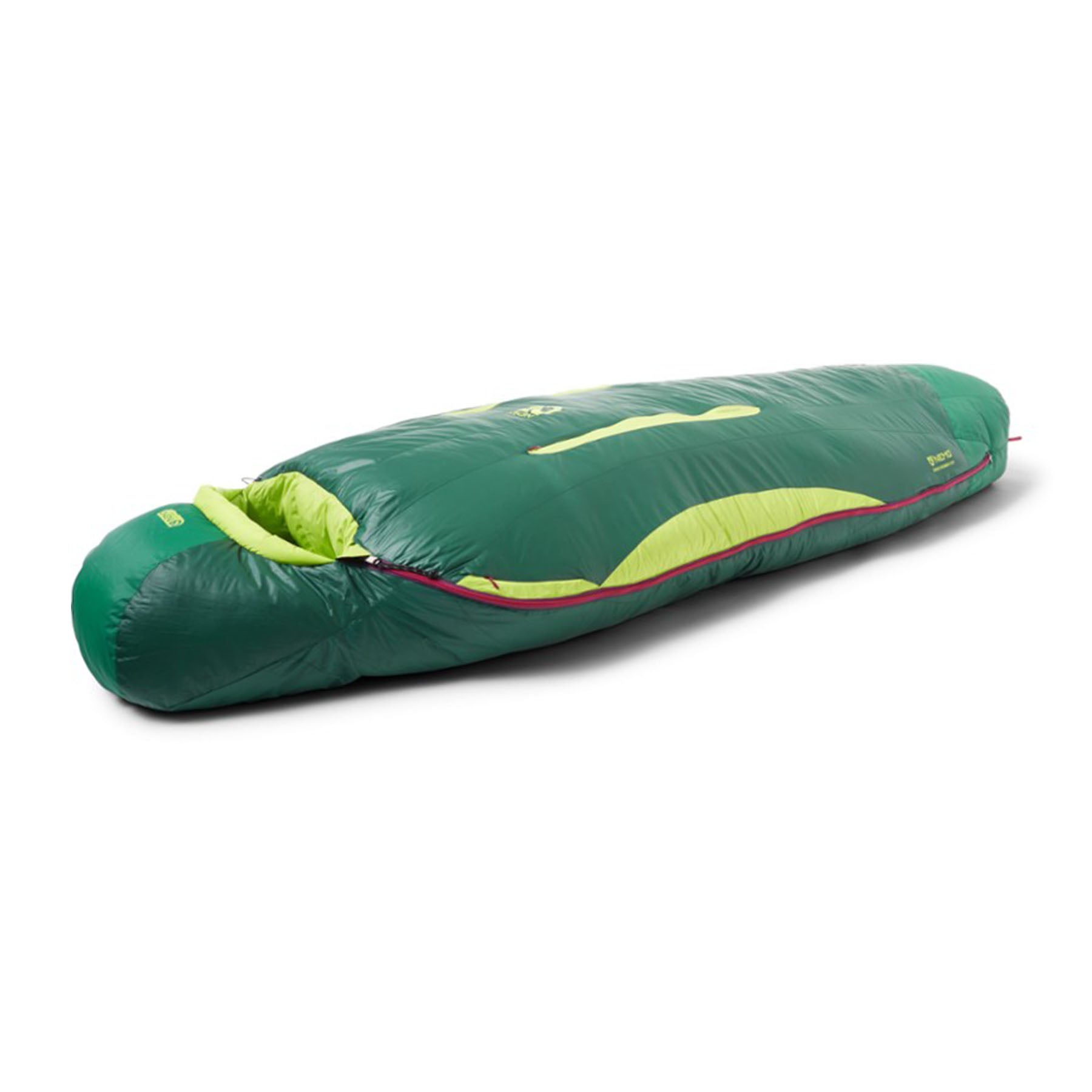 Hero image featuring a side angle view of a fully zipped Nemo Women's Disco 15 degree sleeping bag in electra starlight.