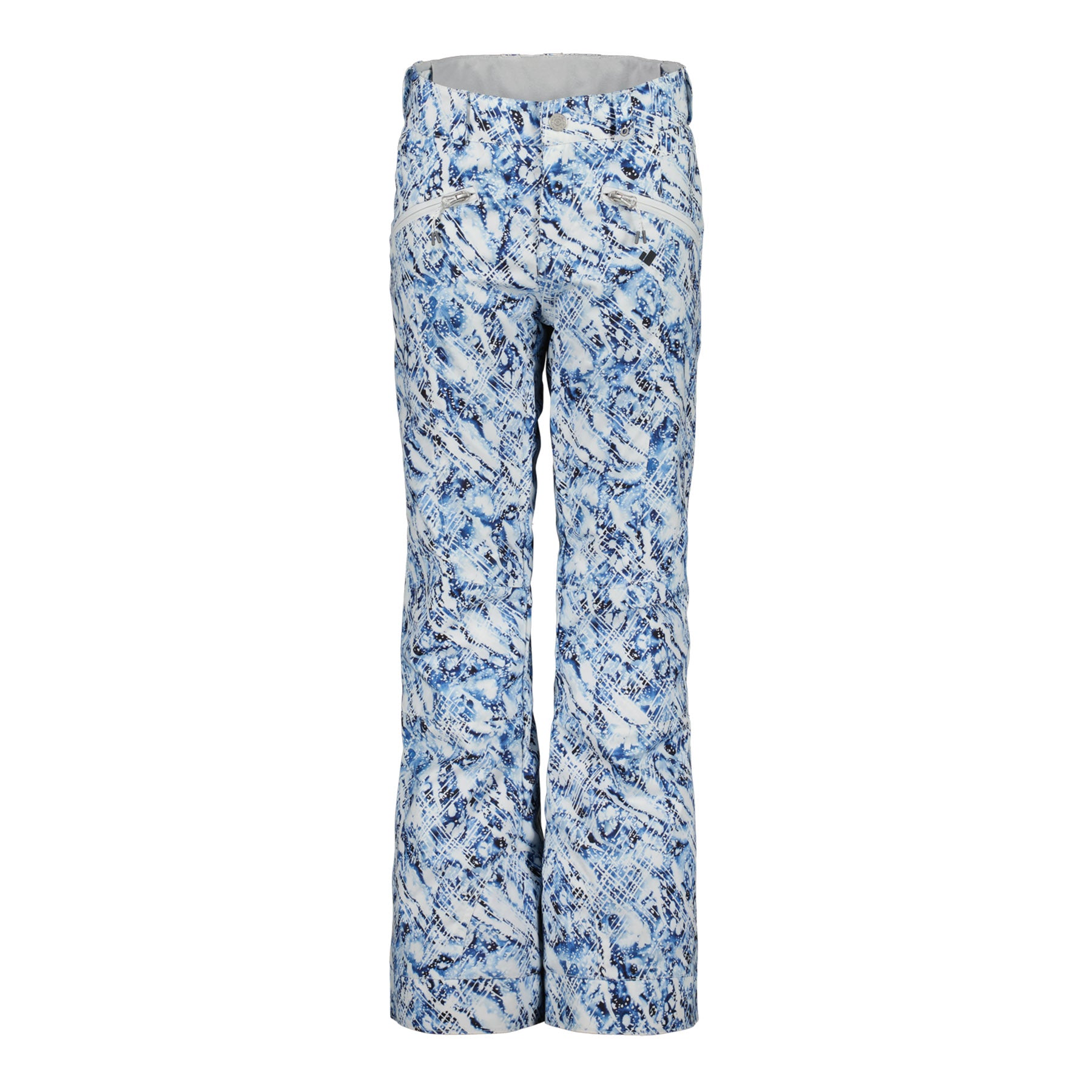Hero image featuring the front of the Obermeyer Jessi Print Pants in verglas light blue and white.