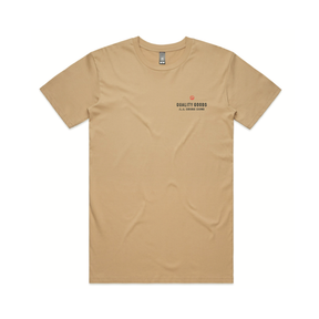 Hero image of kickback shirt in tan with be logo and text that says quality goods for the curious crowd on the chest