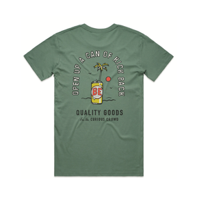 Back of sage green kick back shirt with a BE can and palm tree sprouting out of the opening. Text in an arch above says open up a can of kick back.