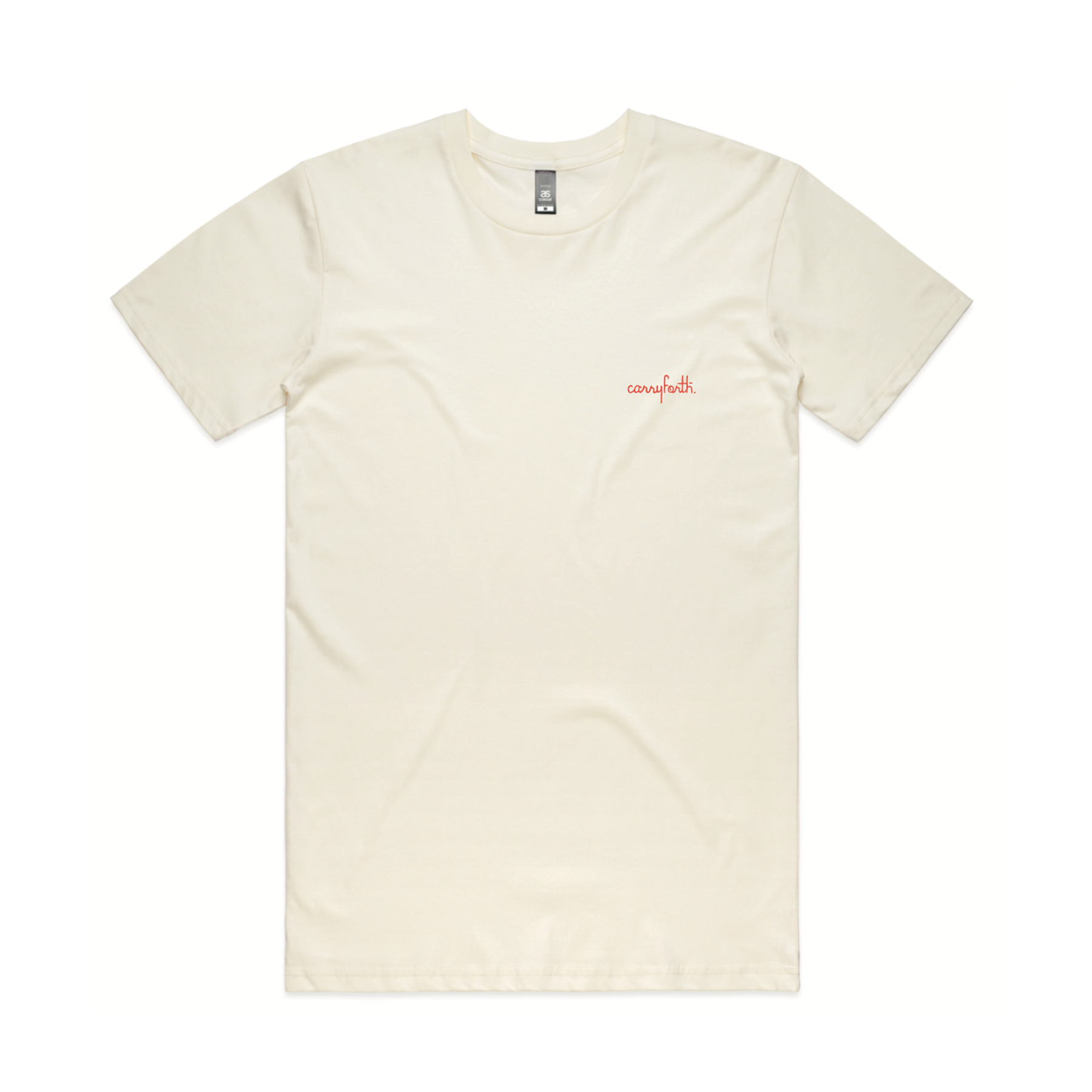 Hero image of natural white shirt with carry forth written in red cursive on the chest