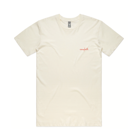 Hero image of natural white shirt with carry forth written in red cursive on the chest