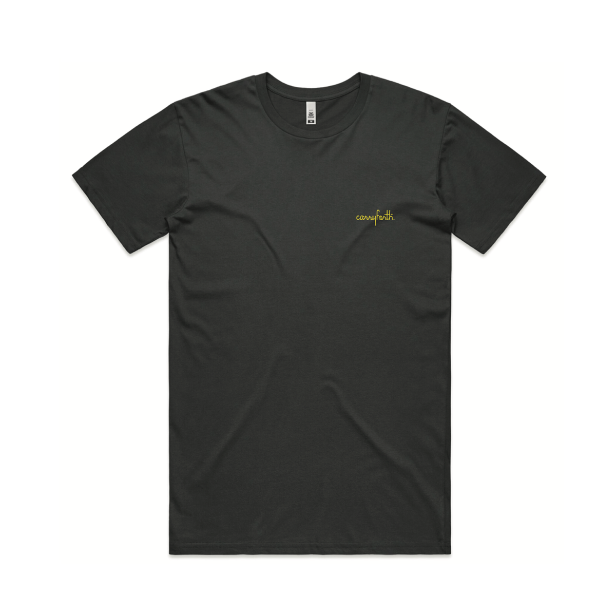 Hero image of black shirt with carry forth written in gold cursive on the chest