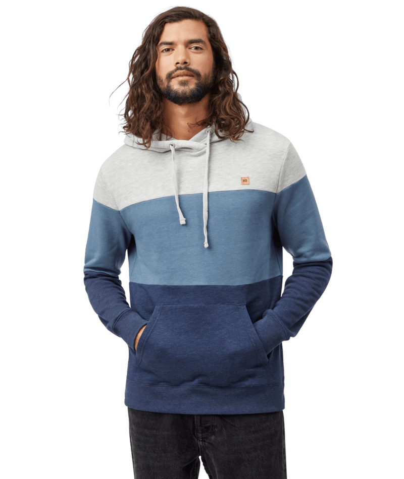 Hero image featuring a male model wearing black jeans and the Ten Tree Fleece Blocked Reynard hoodie in light grey, light blue, and navy blue