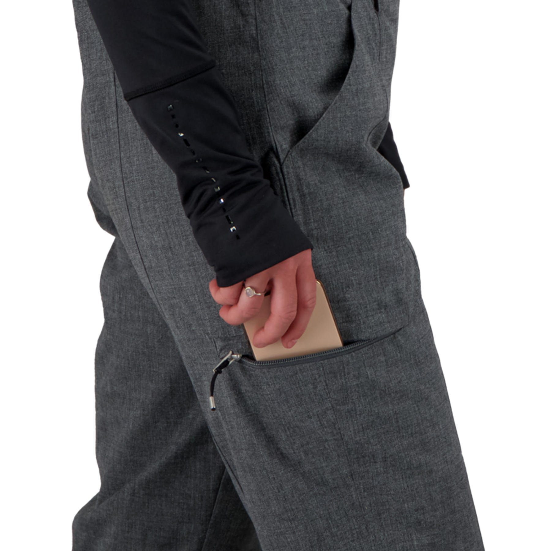 Side Leg View Of Malta Bib Overall with a hand pulling phone from pocket.