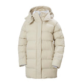 Hero image of the Aspire Puffy Parka in a natural white color. It's a front view of the jacket completely zipped.