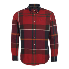 Hero image featuring the front of the Barbour Dunoon tailored shirt in red.