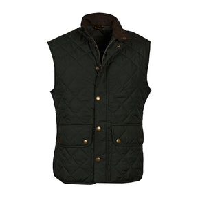 Hero image featuring the Barbour Lowerdale Gilet vest in sage green with brass buttons.