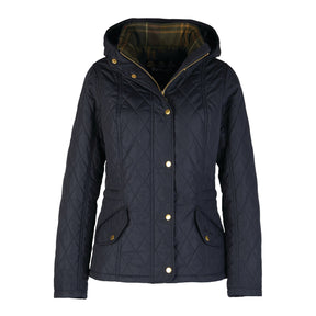 Hero image featuring the Barbour Millfire Quilt jacket in classic navy with a green tartan trim around the neck.