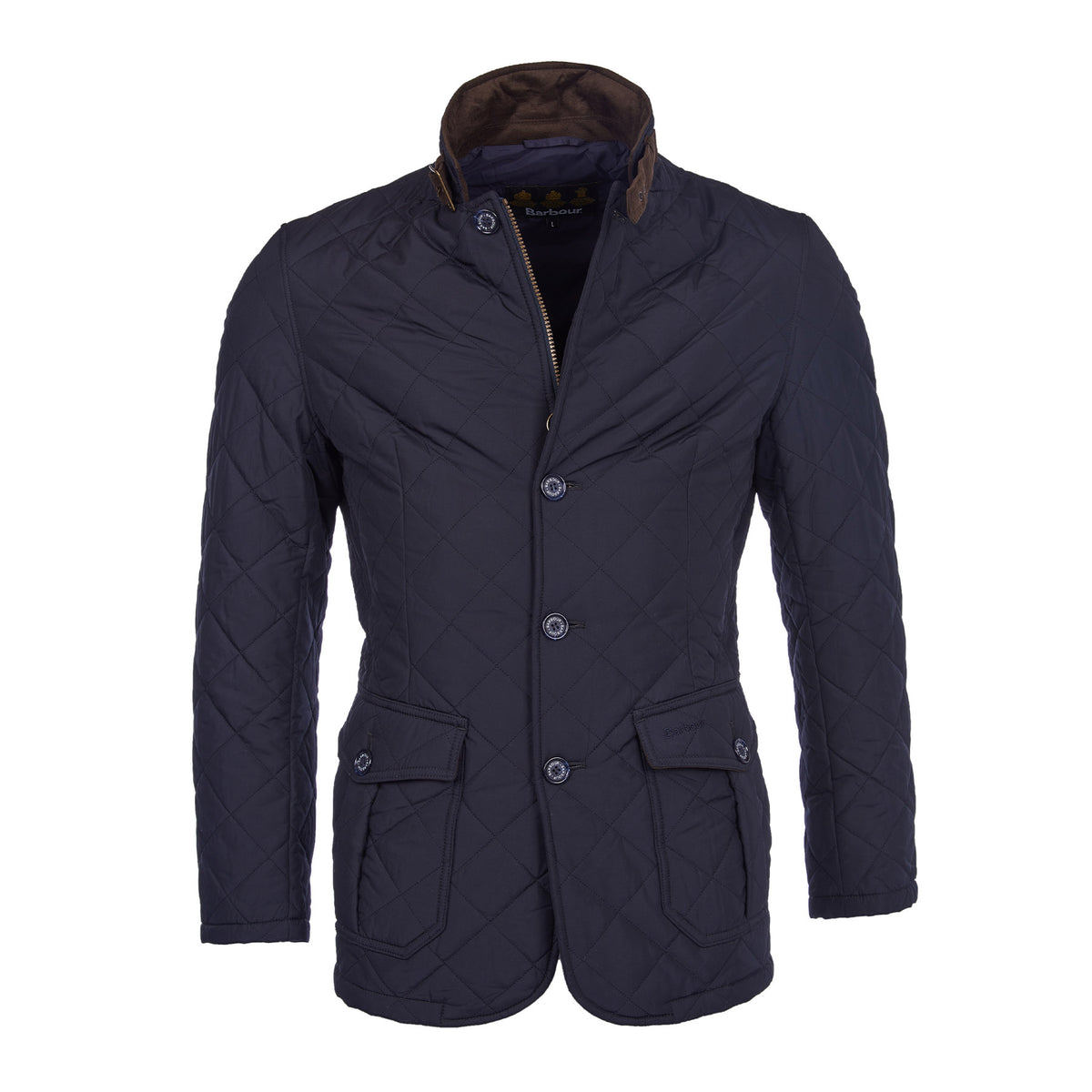 Hero image featuring the Barbour Quilted Lutz jacket in navy with a brown trimmed collar.
