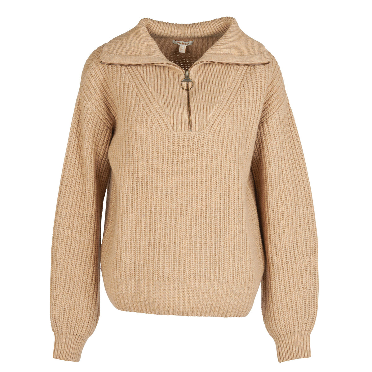 Hero image featuring the Barbour Stavia 3/4 pullover Knit in light brown with a brass zipper.