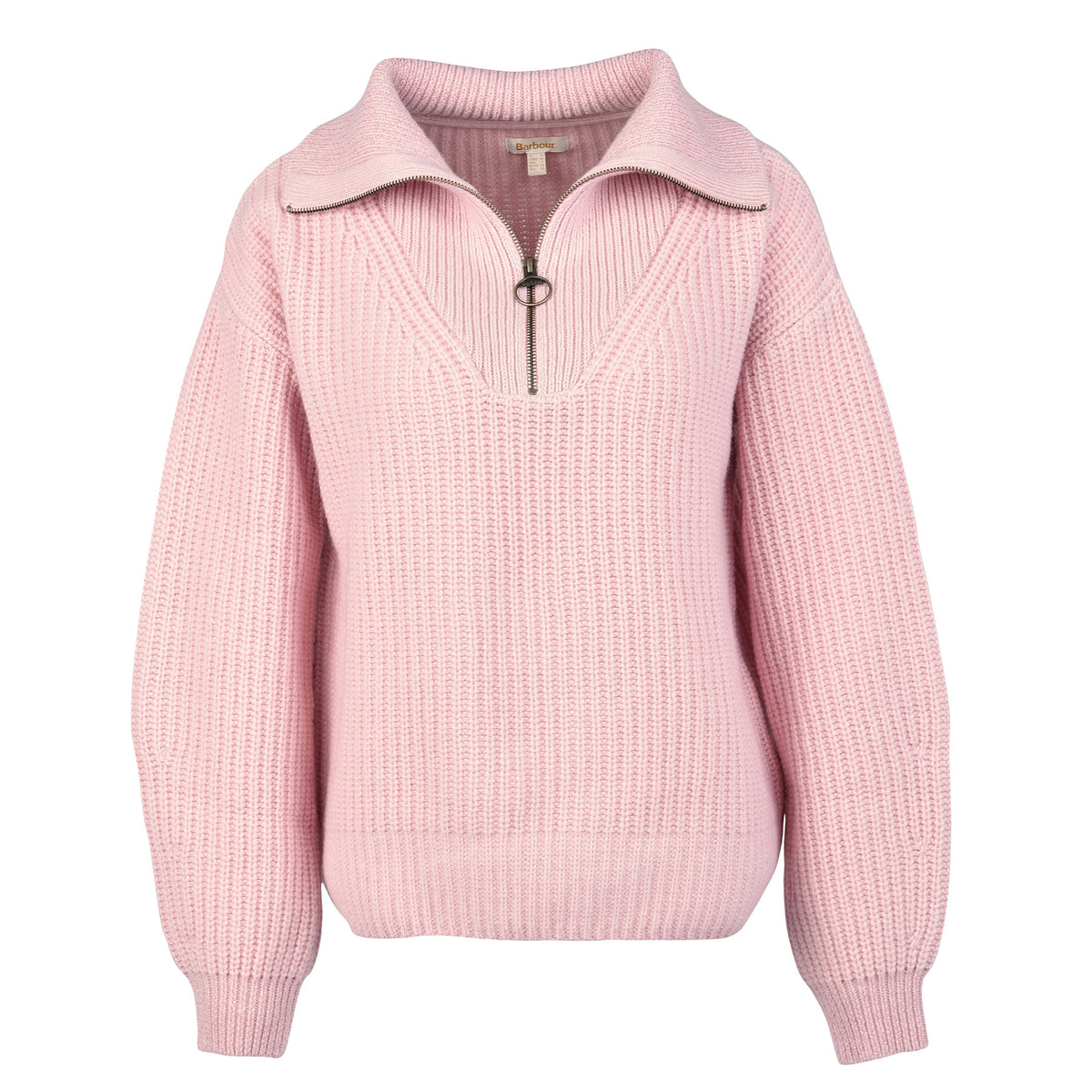 Hero image featuring the Barbour Stavia 3/4 pullover Knit in light pink with a brass zipper.