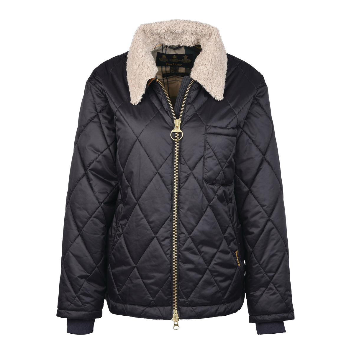 Hero image featuring the Barbour Vaila Quilt jacket in black with a fleece collar and a gold zipper.