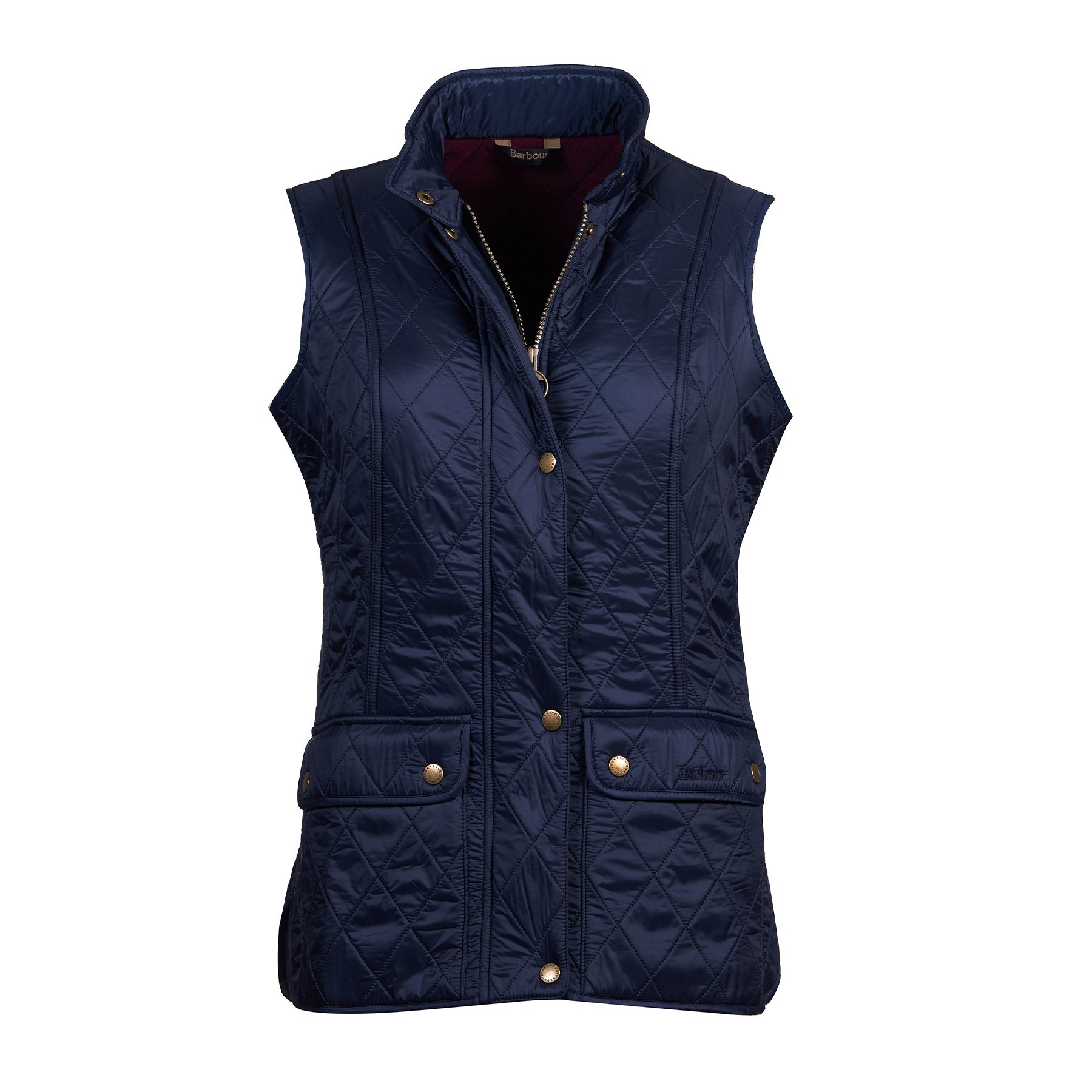 Hero image featuring the Barbour Wray Gilet in navy with brass buttons and a brass zipper.
