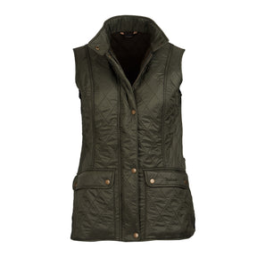 Hero image featuring the Barbour Wray Gilet in olive featuring brass buttons and a brass zipper.