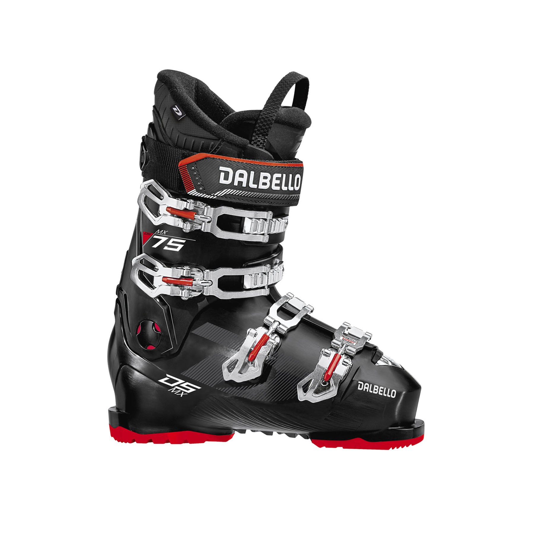 Hero image of the MX 77 Ski boot in black and red.