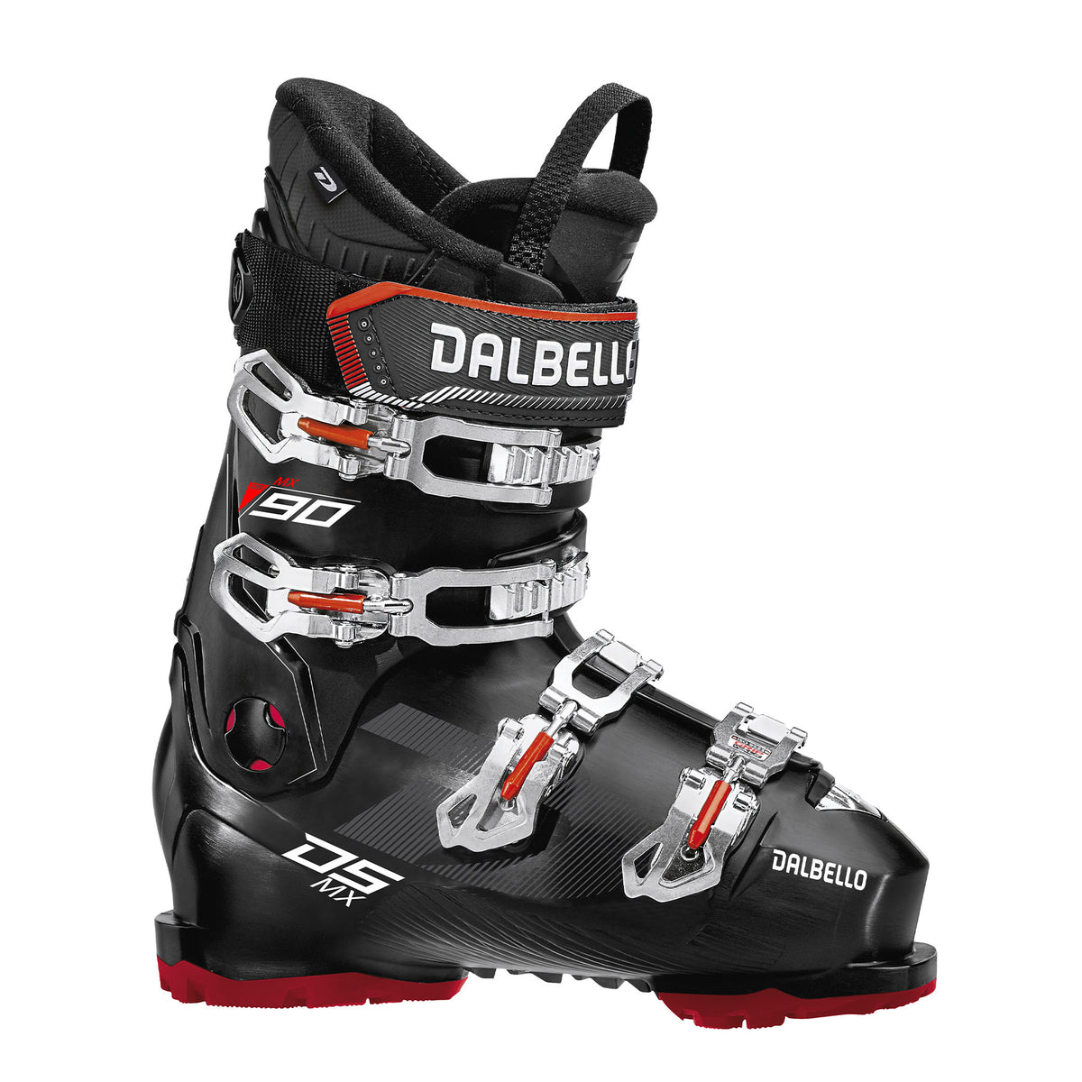 Hero image featuring a side angle photo of the Dalbello DS MX 90 ski boot in black with silver buckles and red trim.