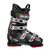 Hero image featuring a side angle photo of the Dalbello DS MX 90 ski boot in black with silver buckles and red trim.
