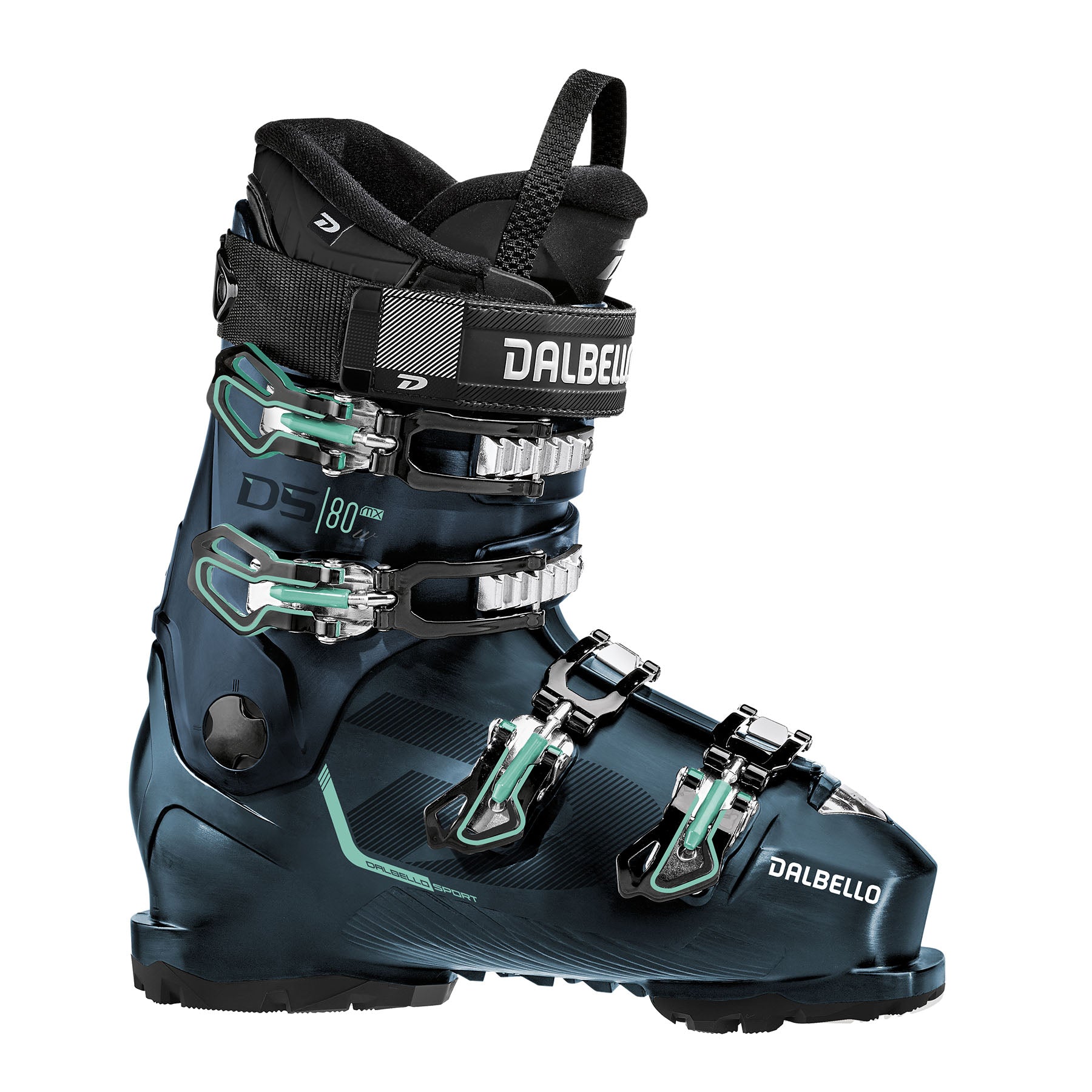 Hero image featuring the Women's Dalbello DS MX 80 ski boot in opal blue with silver and teal buckles and black trim.