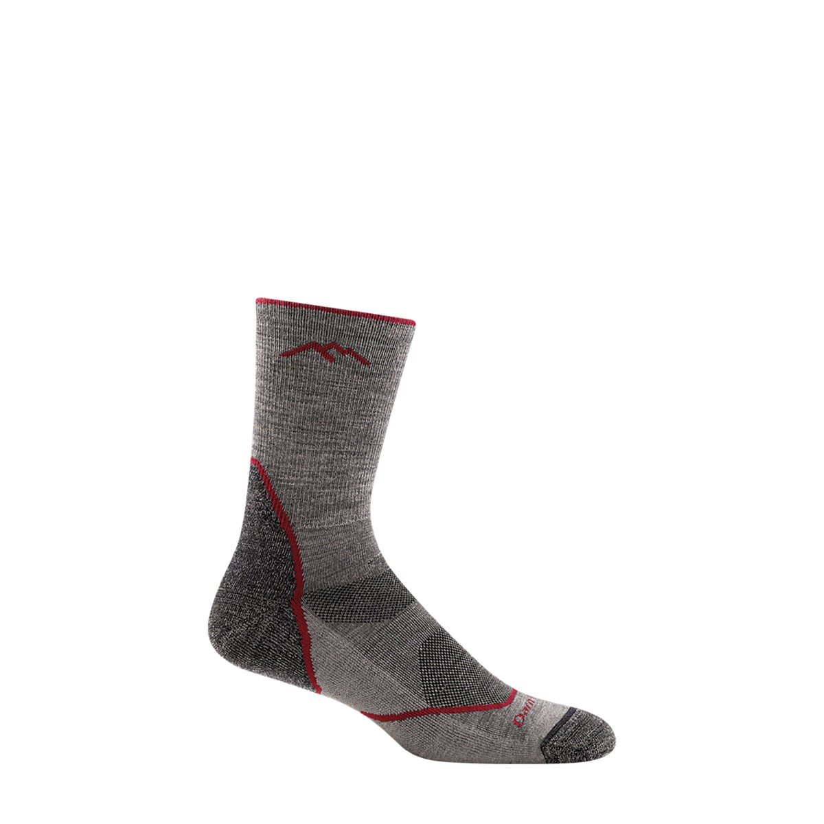 Image features the Darn Tough Light Hiker Micro Crew sock light grey with red trim and dark grey heel and toe patches.