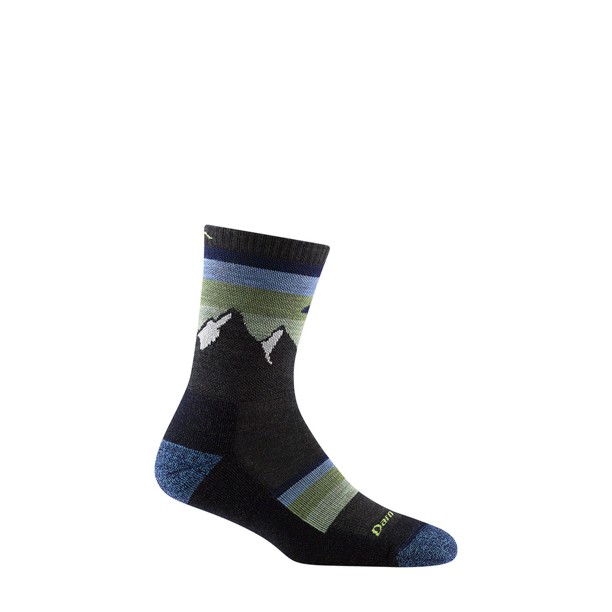 Hero image featuring Darn Toughs Women's Sunset Ledge Micro Crew hiking sock in charcoal with blue, dark green, and light green stripes across the top and navy blue heal and toe patches.