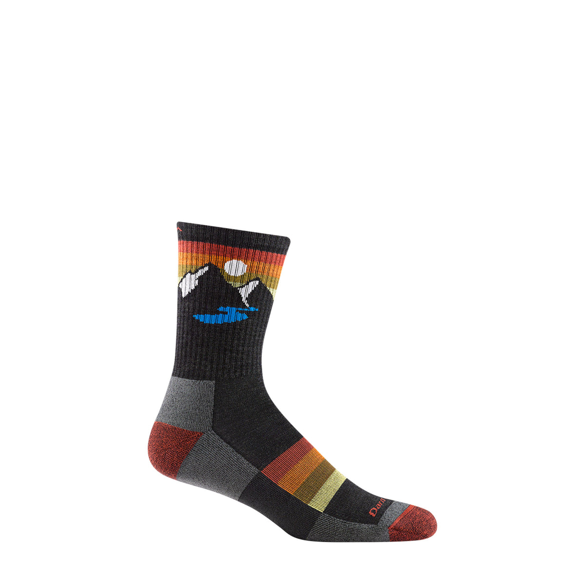 Hero image featuring Darn Tough's Sunset Ridge Micro Crew sock in charcoal with a mountain range image across the high ankle, and red, orang, brown, and muted yellow stripes across the top of the foot.