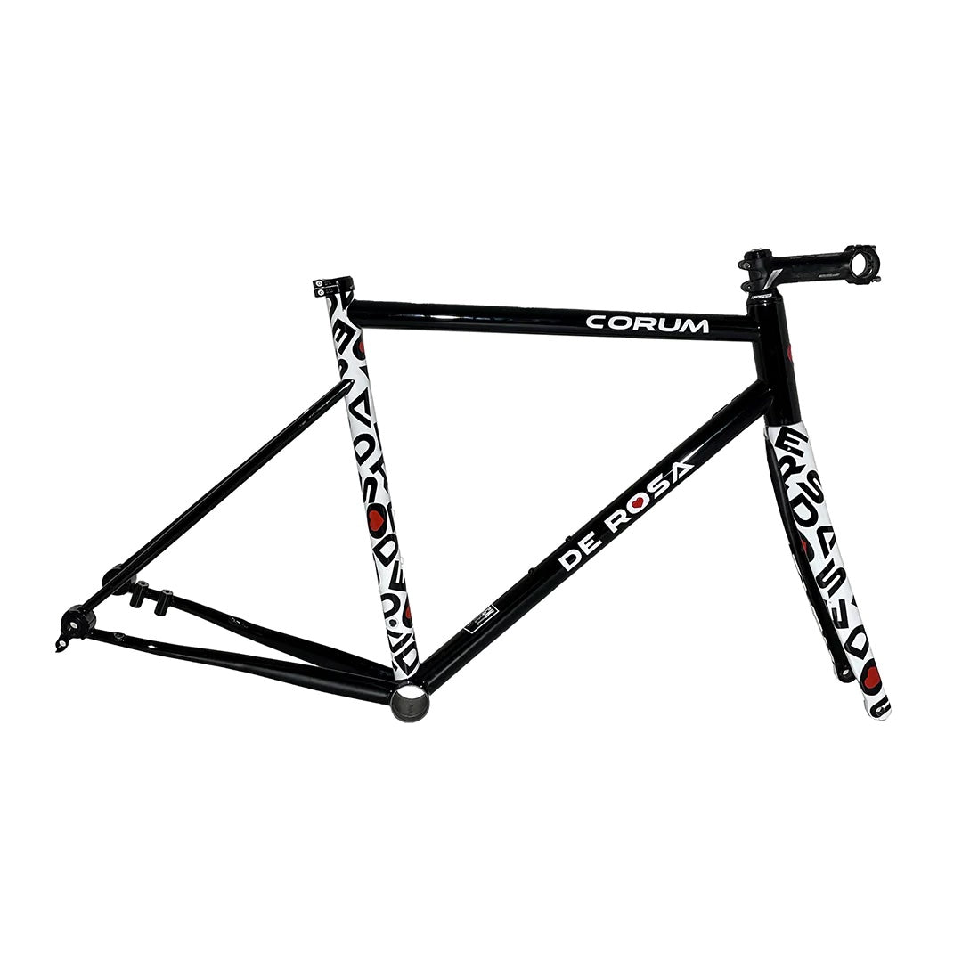 Hero image featuring a side angle shot of the De Rosa Corum steel frameset in black with white logos