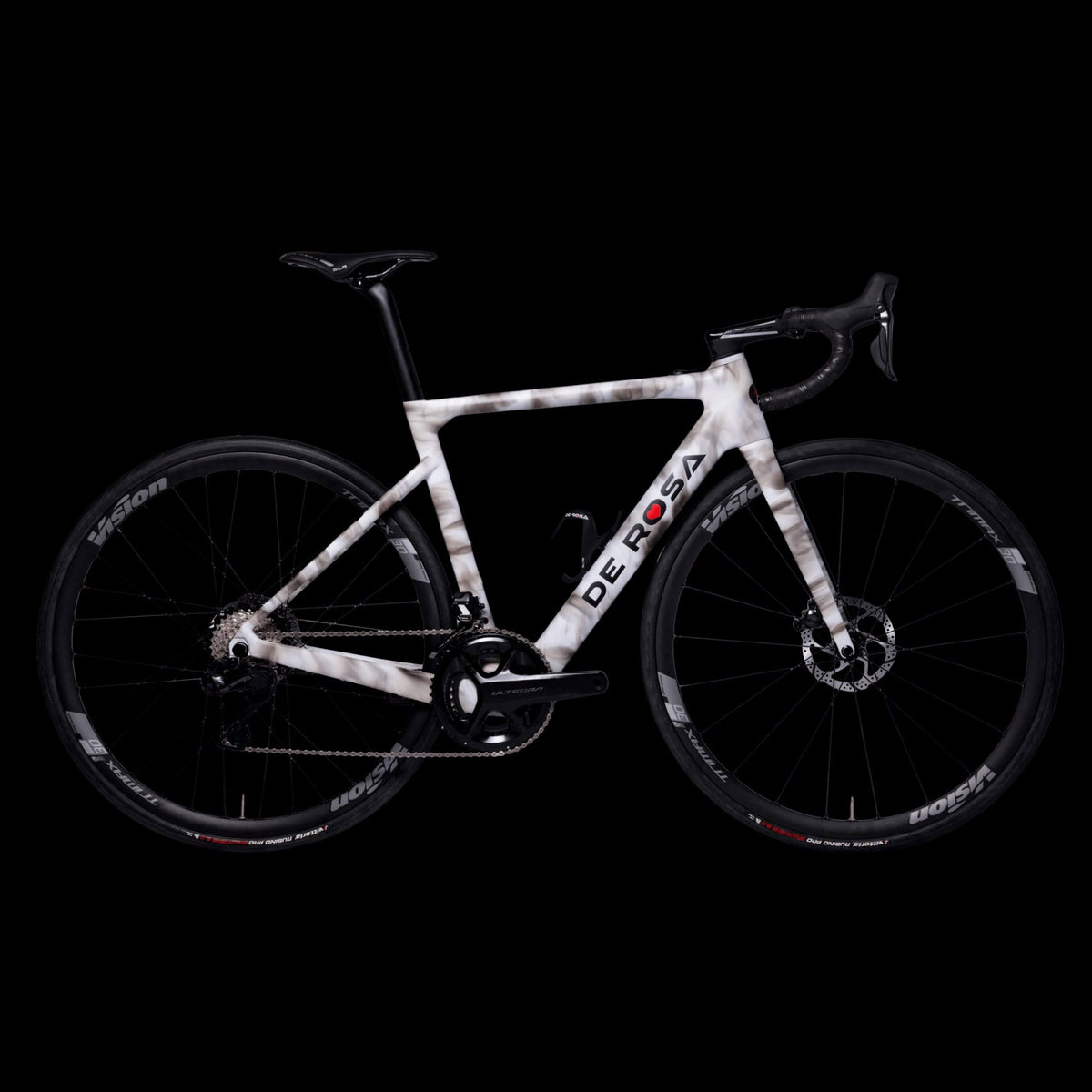 Hero image featuring a side angle photo of the De Rosa E-Do Carbon Road Disc E-Bike with a White smoke frame and black wheels, handlebars, and seat.