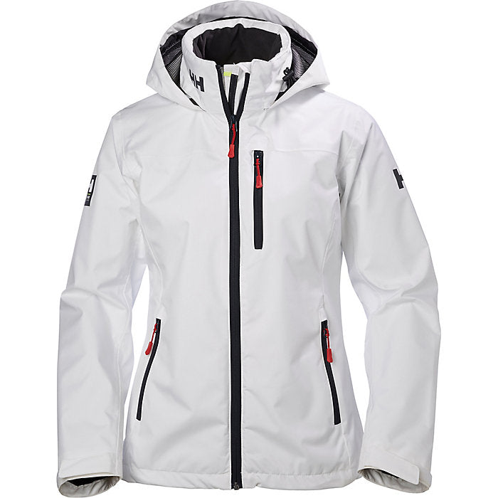 Hero image featuring the front of Helly Hansons' women's crew hooded jacket in white
