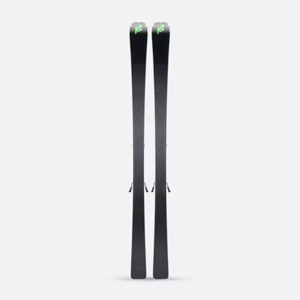 Image features the bottom of the K2 Men's Disruption 78c skis in black with lime green K2 logos on the tips.