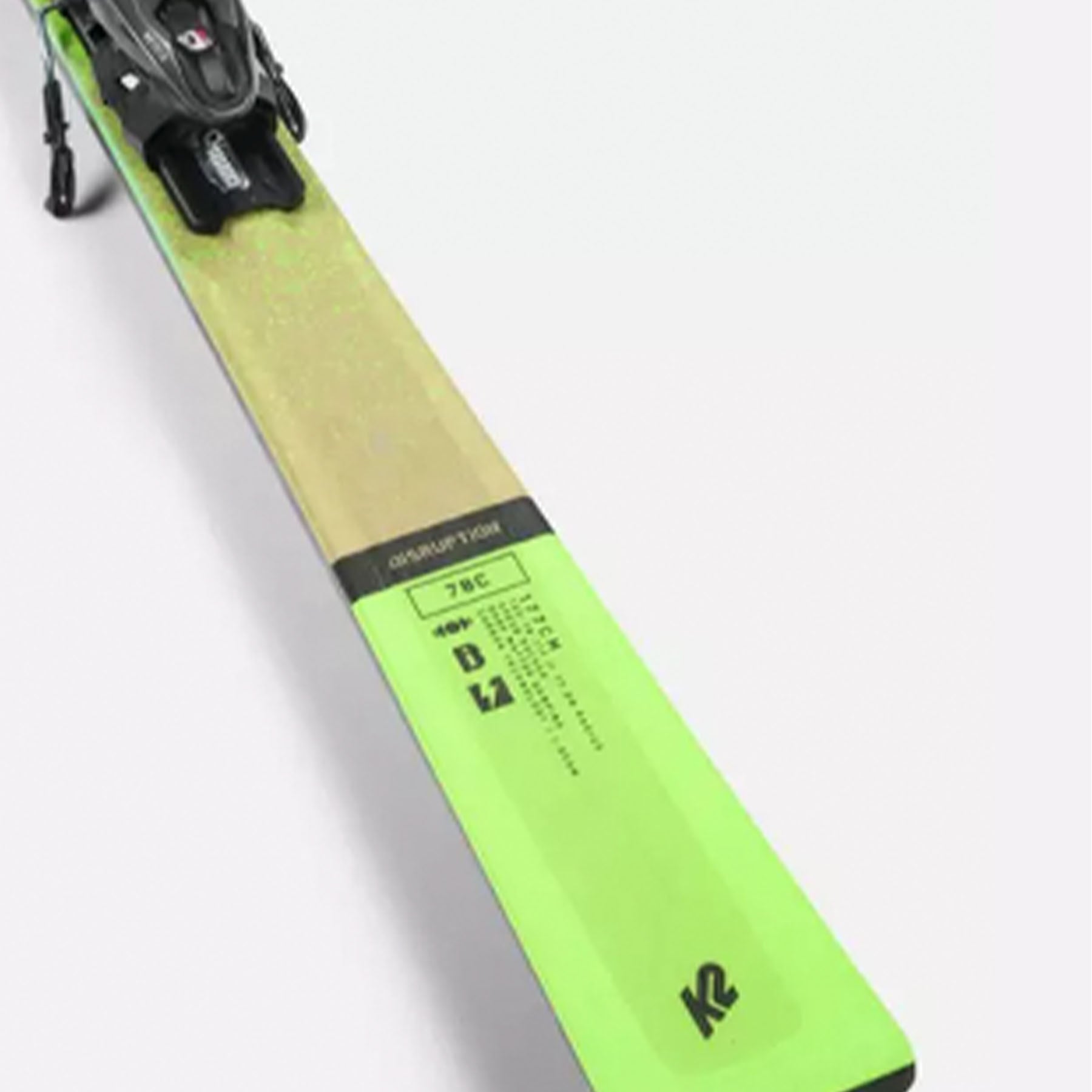 Image features the specs of the K2 Men's Disruption 78C skis printed on the topside of the tale