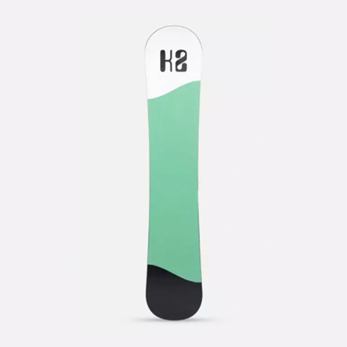 Image features the bottom of the Women's K2 First Lite Snowboard with a white nose, sea foam green mid section, and a black tale. There's also a black K2 logo printed on the nose.