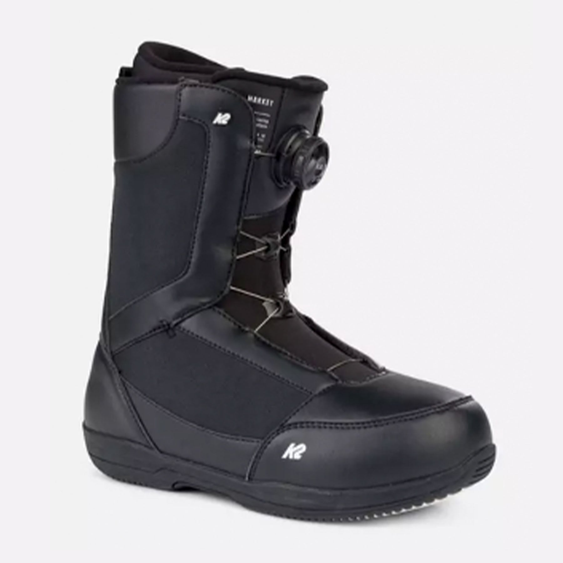 Hero image featuring a side angle view of the K2 Market Snowboard Boot in black