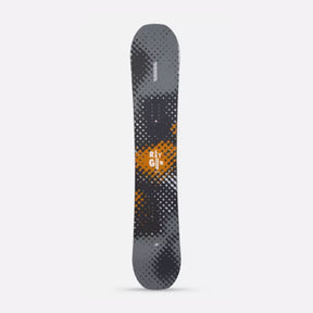 Hero image featuring the top of the Men's K2 Raygun Snowboard in black, grey, and orange with the text "raygun" printed over the middle of the board.