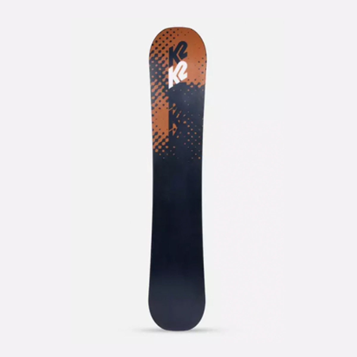 Image features the bottom of the Men's K2 Raygun snowboard in black, orange, and with a black K2 logo as well as a white K2 logo printed on the nose.