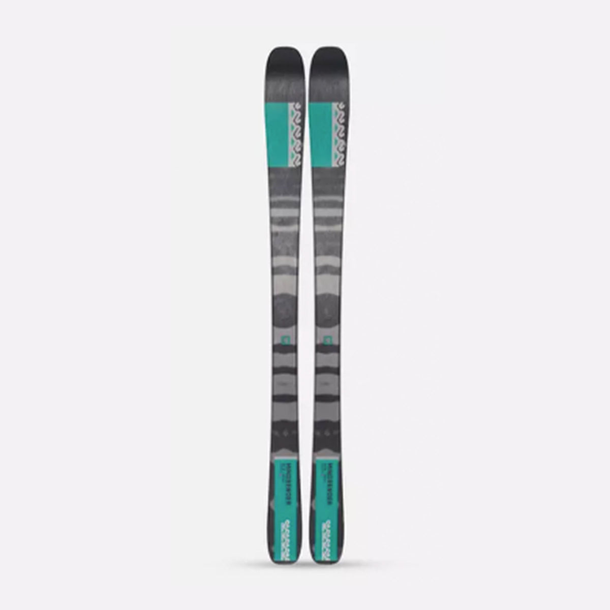 Hero image featuring the top of the Women's K2 Mindbender 85 skis in grey and teal.