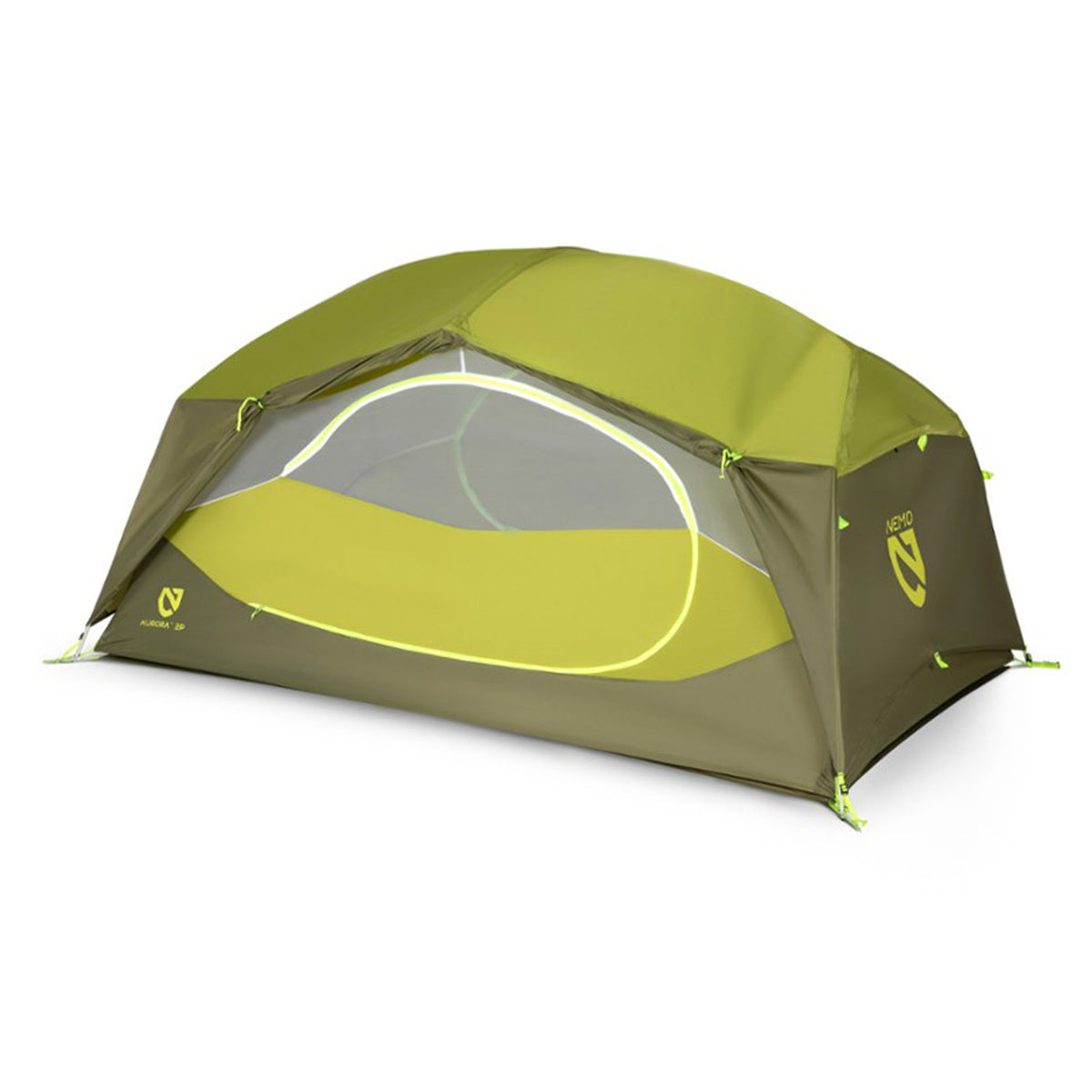 Hero image featuring the front of the Nemo Aurora 2 person tent in nova green with the footprint fully open