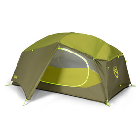 Hero image featuring the front of the Nemo Aurora 2 person tent in nova green with the footprint half open