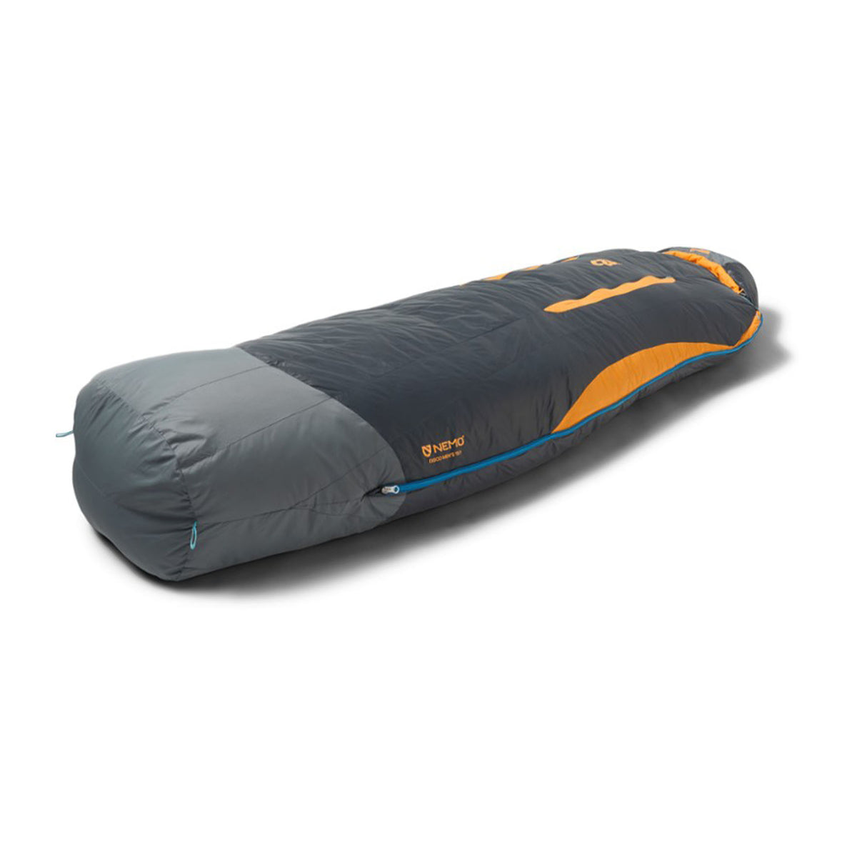 Hero image featuring a side angle view of the Nemo Men's Disco 15 sleeping bag in torch stormy night. 