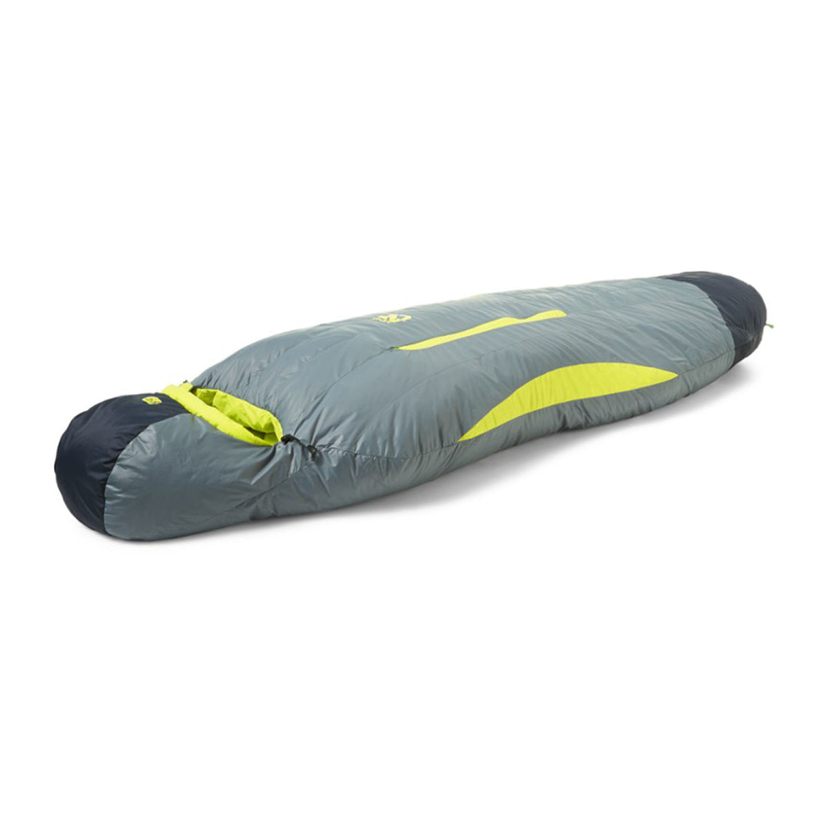 Hero image featuring a side angle view of the Nemo Men's Disco 30 degree sleeping bag in spark fortress. The sleeping bag is fully zipped.