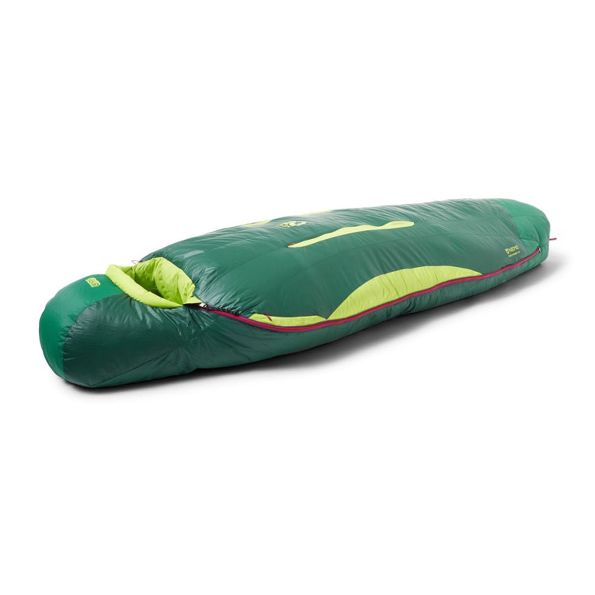 Hero image featuring a side angle view of a fully zipped Nemo Women's Disco 15 degree sleeping bag in electra starlight. 