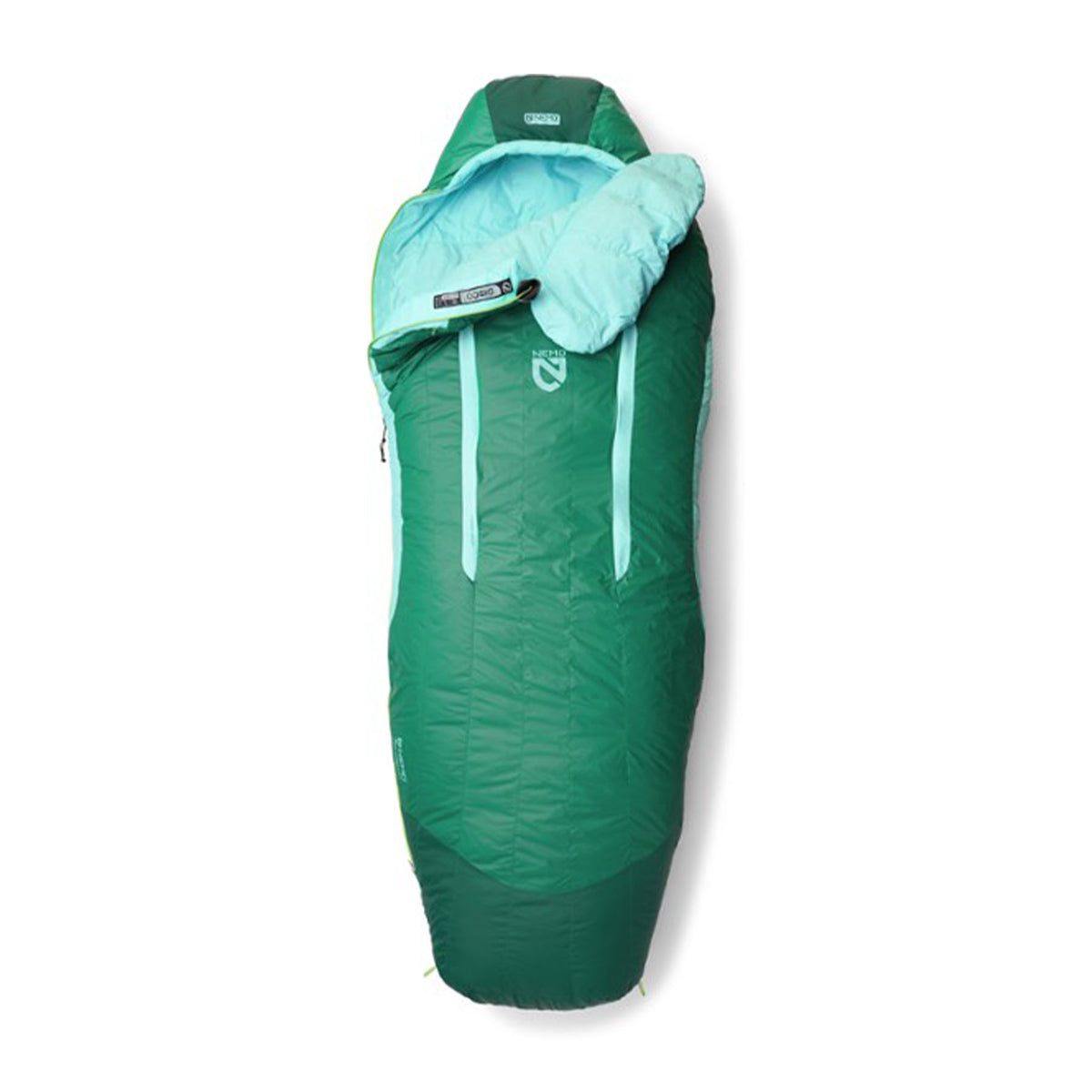 Hero image featuring a top down view of 3/4 zipped Nemo Women's Disco 30 degree sleeping bag in celestial moonglade.