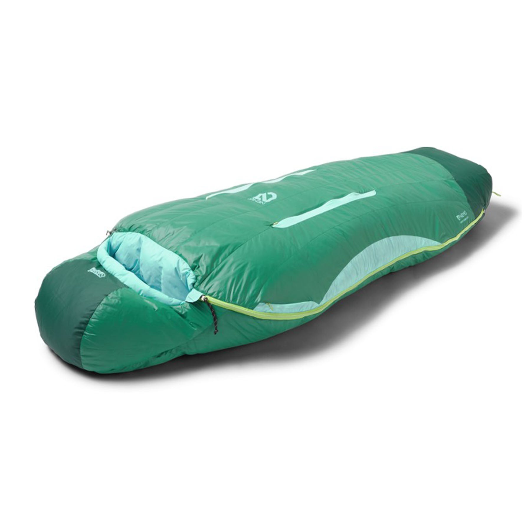 Hero image featuring a side angle view of a fully zipped Nemo Women's Disco 30 degree sleeping bag in celestial moonglade